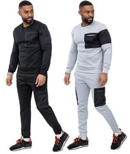 New Mens Round Neck Crew Neck Cargo Full Tracksuit Set Stretchable Top Bottom