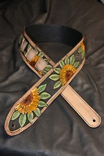 Guitar strap leather tooled all hand made in USA "Sunflowers" 3" new dark design
