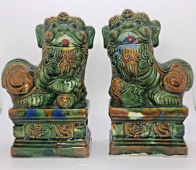 Chinese Foo Dog Fou Lion Bookends Set Of 2 Ceramic Statue Feng Shui 7 1/2'' MINT