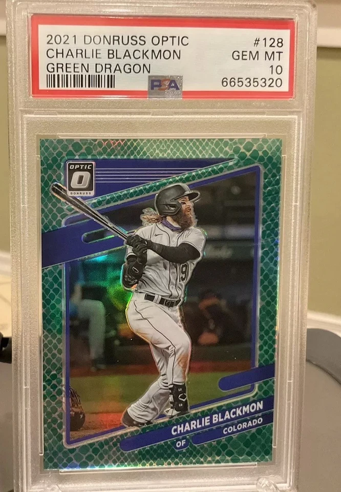 🔥2021 Donruss Optic #128 Green Dragon Prizm Serie 56/88 Charlie Blackmon PSA10 Foto 2 de 4