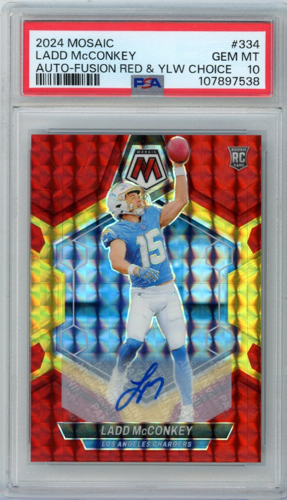 2024 Mosaic LADD McCONKEY Fusion Red Yellow Choice RC Rookie Auto PSA 10