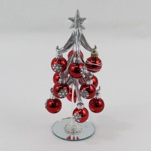 GANZ Silver Glass Christmas Tree With Mirrored Base Small Red Glass Ornaments