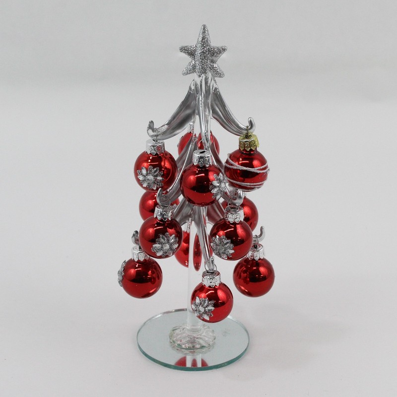GANZ Silver Glass Christmas Tree With Mirrored Base Small Red Glass Ornaments