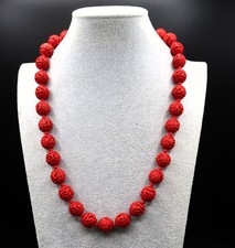 Vtg Chinese Carved Floral Cinnabar Necklace Individually Hand-Knotted 24" VGC