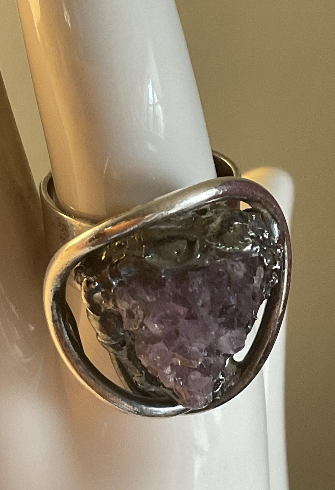 Vtg. Modernist Style Statement Ring Raw Amethyst … - image 2