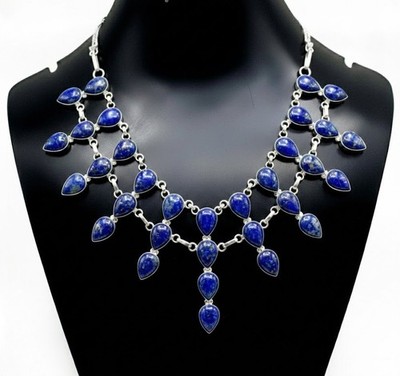 Natural Lapis Lazuli Gemstone Necklace 925 Sterling Silver Handmade Jewelry S-18
