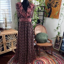 MNG Mango Earth Tone Floral Ruffle Neck Whimsigoth Boho Romance Maxi Dress