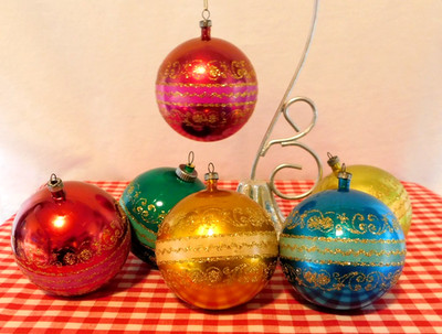 Vintage Christmas Balls Jeweled Tone Max Eckardt Made in Italy Set of 6