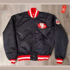 Men's SF 49ers Vintage 80s Black Satin Bomber Jacket Baseball Varsity Coat