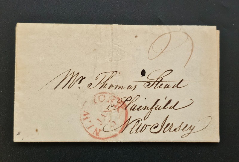 1836 Stampless Cover RED Handstamp Postmark New York JAN 5 Plainfield NJ Letter