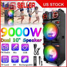 9000W Dual 10" Subwoofer Bluetooth Speaker Rechargeable Party LED FM Karaoke DJ