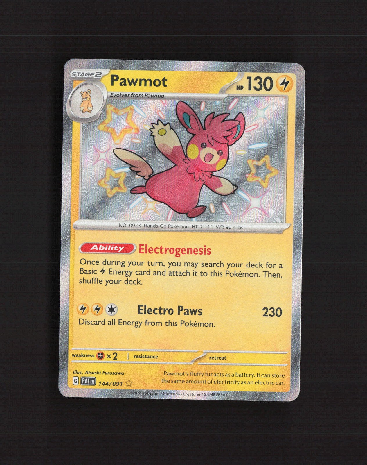 Pawmot 144/091 Paldean Fates Shiny Rare Holo Pokemon Card NM