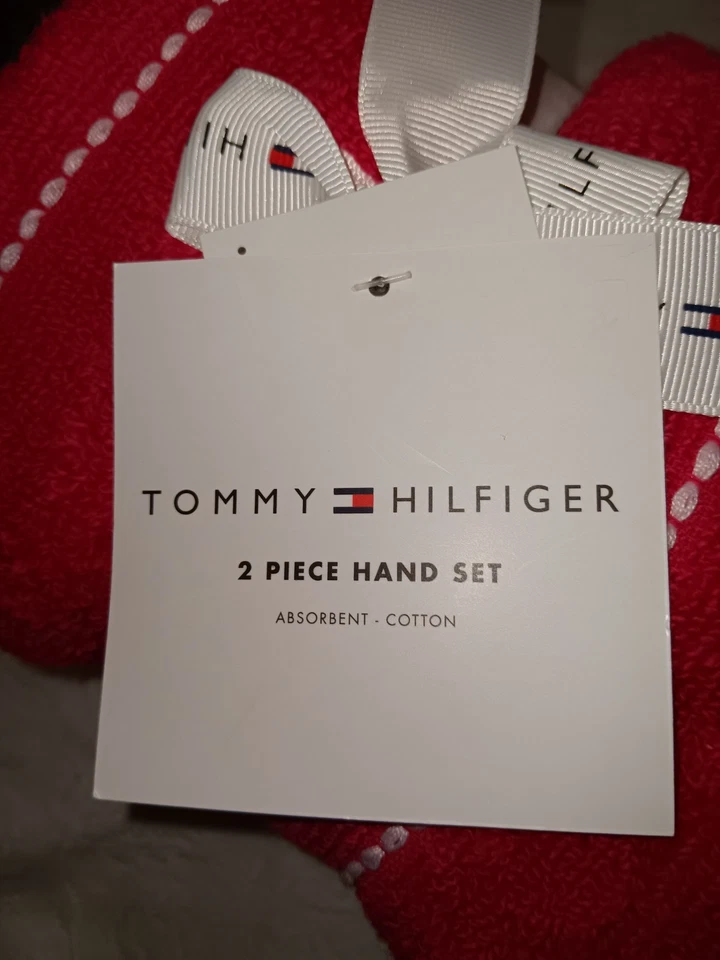 TOMMY HILFIGER ROJO ROSA PARQUE RAYAS TOALLAS DE MANO 13X30" JUEGO DE 2 100% ALGODÓN NUEVO EN PAQUETE Foto 4 de 4