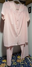 Vintage Vanity Fair Silky Pink Nylon Pajamas Set Pants Lace Babydoll Top Large
