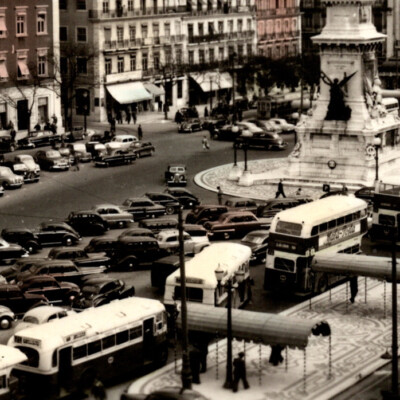 Vintage 1961 RPPC Lisbon Plaza Dos Restauradores Postcard Lisboa Praca Portugal
