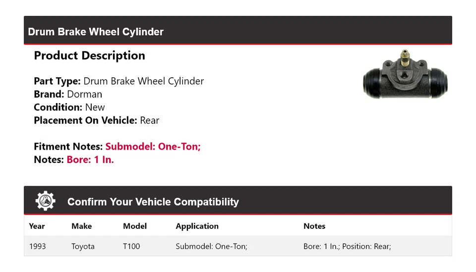 Cilindro trasero de rueda de freno de tambor Dorman de una tonelada para Toyota T100 1993 Foto 2 de 3