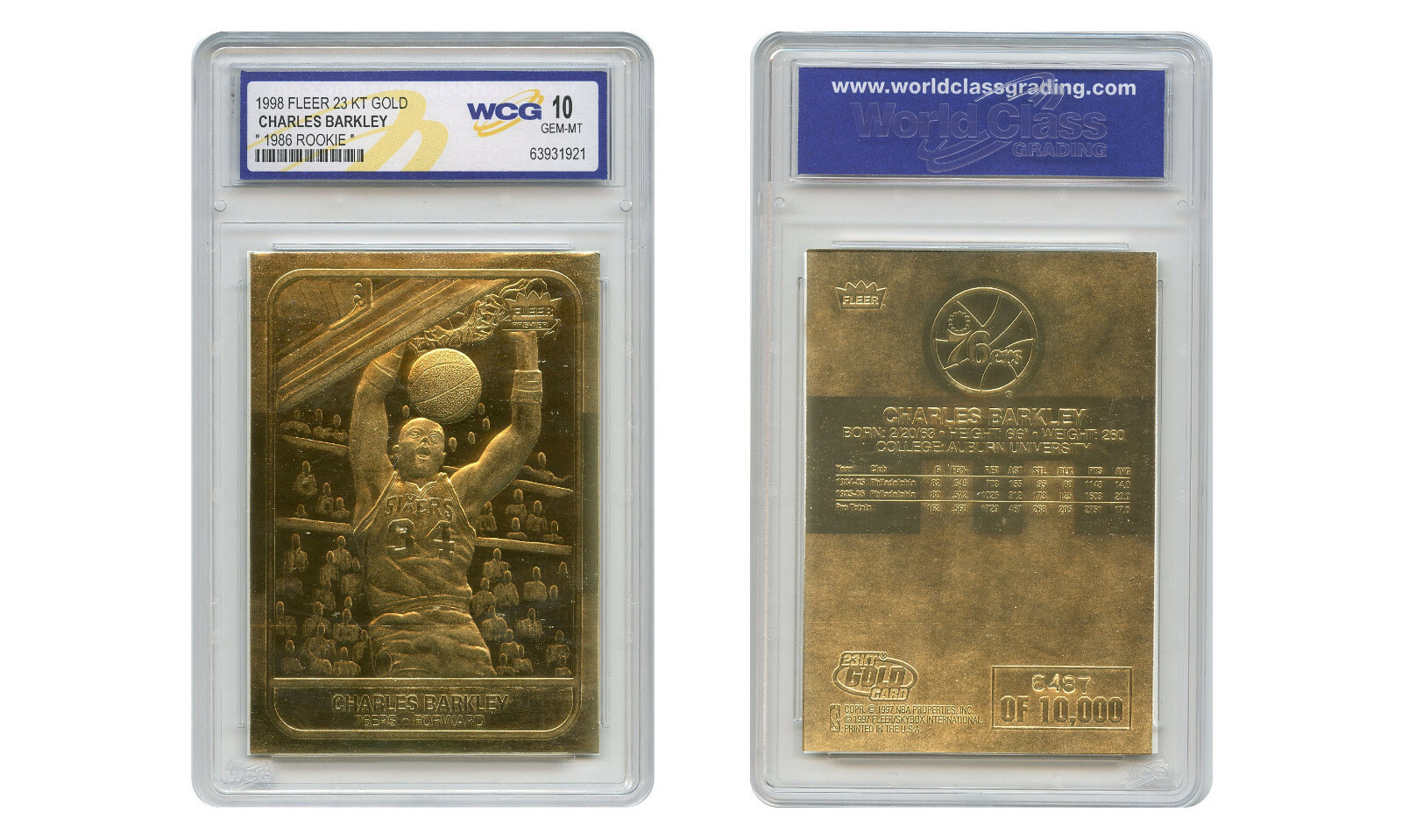 CHARLES BARKLEY 1986 Fleer Rookie 23KT Gold '98 Card - Graded GEM Mint 10