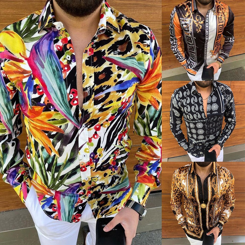 Button Down Shirt Men Baroque Fashion Casual Long Sleeve Vintage Party