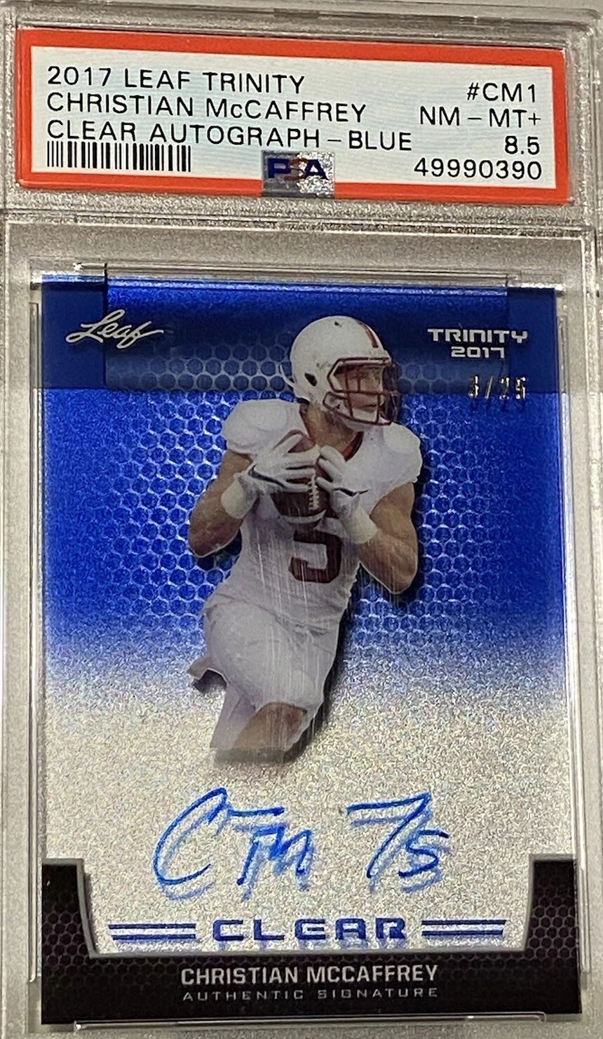 Christian McCaffrey Leaf Trinity Clear Autograph #CM1 Blue