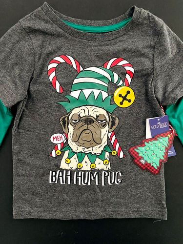 Hollywood The Jean People Boys Size 4 Long Sleeve 'Bah Hum Pug' Christmas Tee - Picture 5 of 5