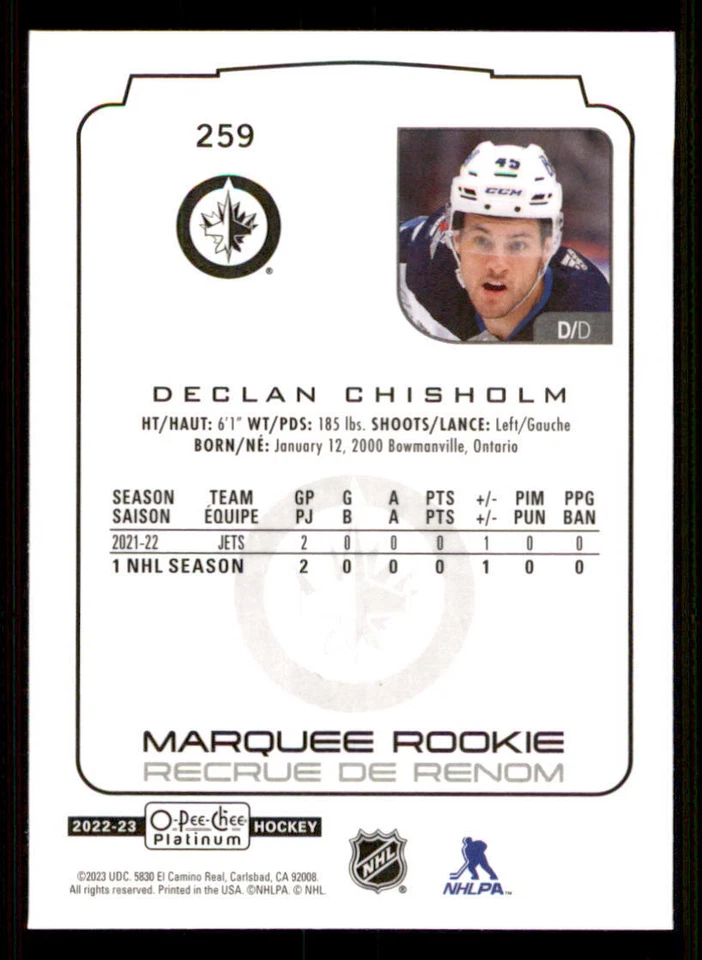 2022-23 O-Pee-Chee Platinum #259 Declan Chisholm RC - Image 2 of 2