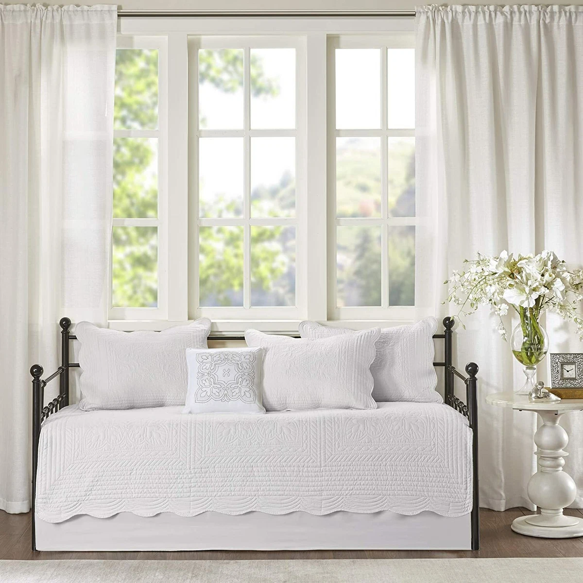 Solid White 6 pc Twin Daybed Set Embroidered Cover Farmhouse
