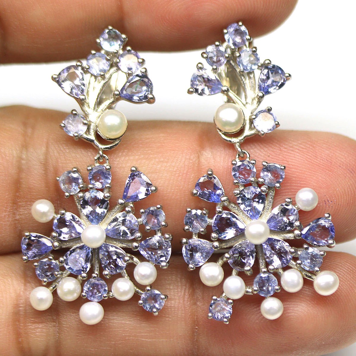 Gemstone 4 mm. White Pearl & Blue Tanzanite Earrings 925