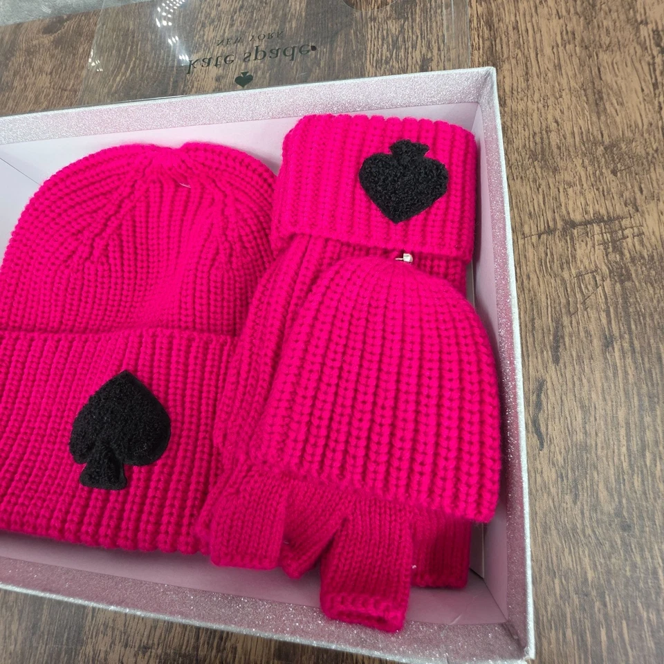 Kate Spade NY Chenille Parche Tejido Caja Set Gorro Sombrero Mitones Rosa Negro Regalo Nuevo Foto 3 de 4