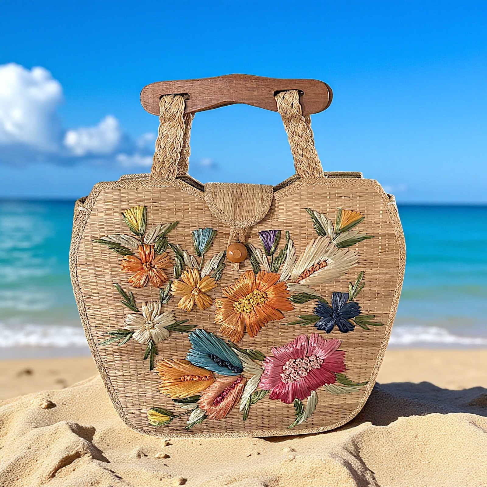 Vintage 60s Raffia Straw Woven Tote Bag with 3D Floral Accents