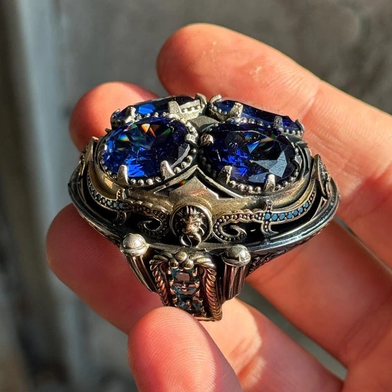 Anillo de zafiro y aguamarina turco hecho a mano con piedra de zafiro oscuro 925 para hombre Foto 2 de 4