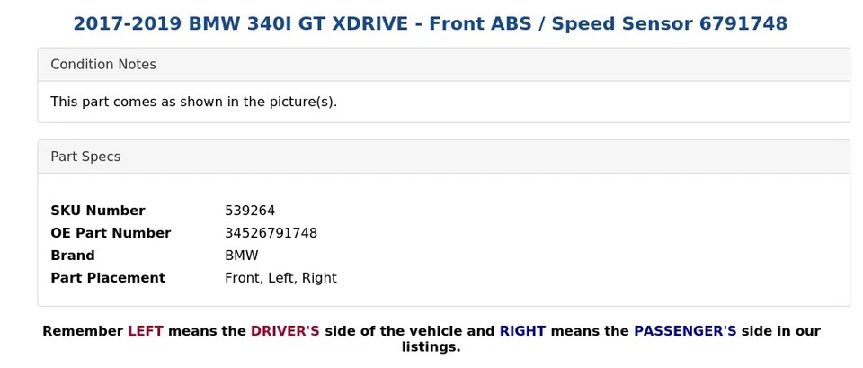 2017-2019 BMW 340I GT XDRIVE - Front ABS / Speed Sensor 6791748 - Изображение 4 из 4