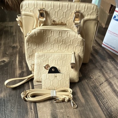 Soperwillton Beige Monogram Satchel Top Handle Zip Bag w/ Pouch, Gold Hardware
