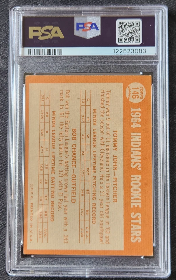 TOMMY JOHN/BOB CHANCE 1964 Topps Rookie Stars #146 PSA MUITO BOM ESTADO-EX 4 HoF CLEVELAND - Imagem 2 de 2
