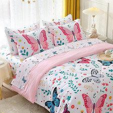 Girls Butterfly Comforter Set Full Size 7 Piece Bed in a Bag Colorful Flowers Le