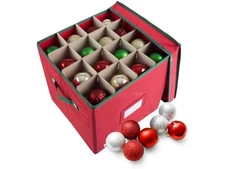 Elf Stor 64-Compartment Christmas Ornament organizer Storage Box–Red Canvas Cube