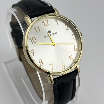 Sailor Jane Watch Women 36mm Gold Case Black Faux Leather Band- New Battery