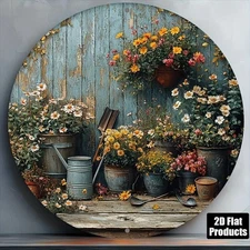 2D Flat2D Flat Retro Garden Tools And Floral Design Round Aluminum Wall Decorati