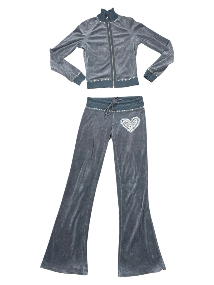 Y2K Twisted Heart Velour Track Suit SET Leisure Small Flare Bling - Main Image