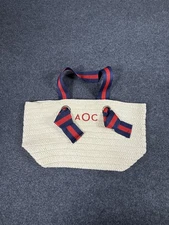 Mark & Graham Straw Tote Bag Large Red Navy Stripe Handles Embroidered AOC