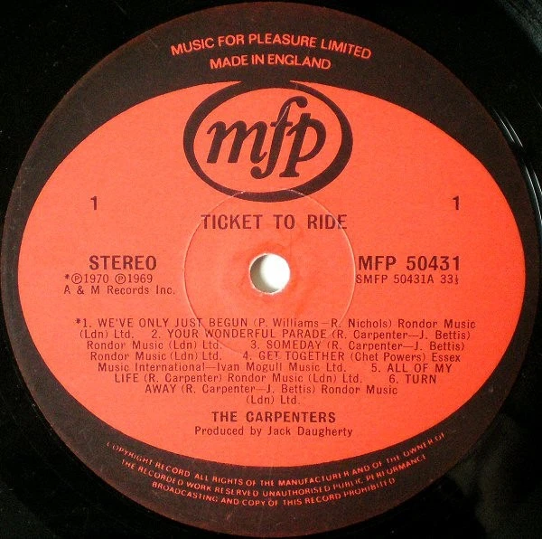 Carpenters - Ticket To Ride (LP) (Near Mint (NM or M-)) - 3682680358 - Image 3 of 4
