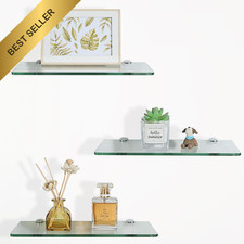 SAYAYO Glass Floating Shelves 12Inch Set of 3 Tempered Bathroom Wall Shelf Clear