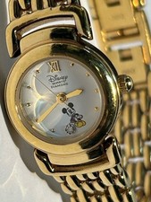 Vintage Disney Mickey Mouse Ladies Quartz Watch Gold Tone Bracelet wDiamond Dial