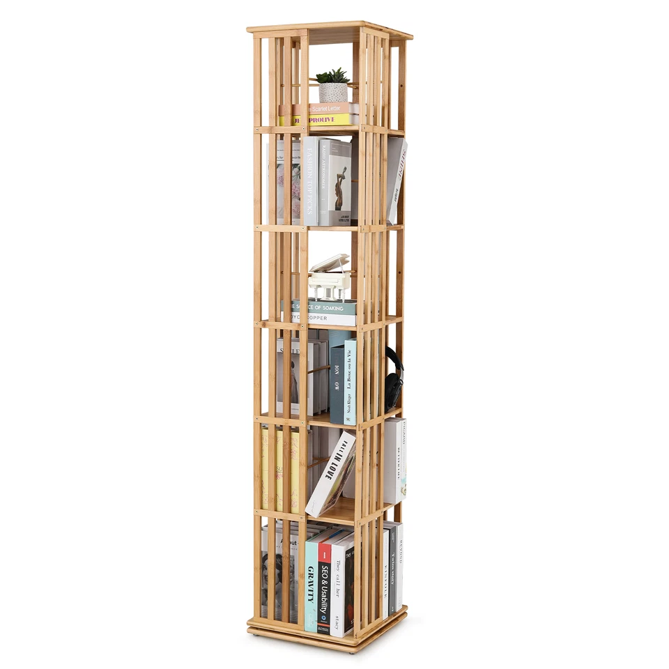 5 Tiers Bamboo [ROTATABLE BOOKSHELF] Open Shelving Magazine Storage Rack Natural - Image 2 of 4