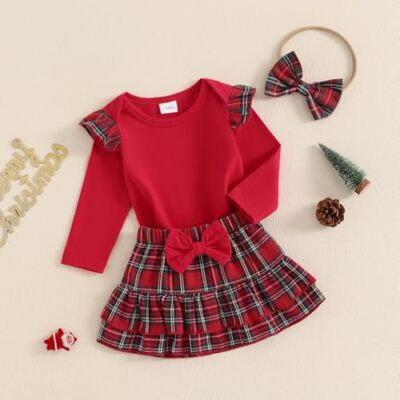 white christmas dresses Baby Girl First Christmas Outfit Romper with Headbow – TheToddly main image 1