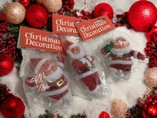 Vintage Flocked Santa Clause Celluloid Ornament Set of 3 in Pack
