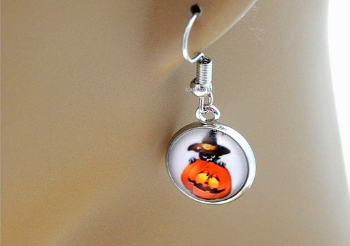 CABOCHON DROP DANGLE EARRINGS WITH CUTE BLACK WITCH CAT ON JACK-O-LANTERN-SMALL - Picture 3 of 8