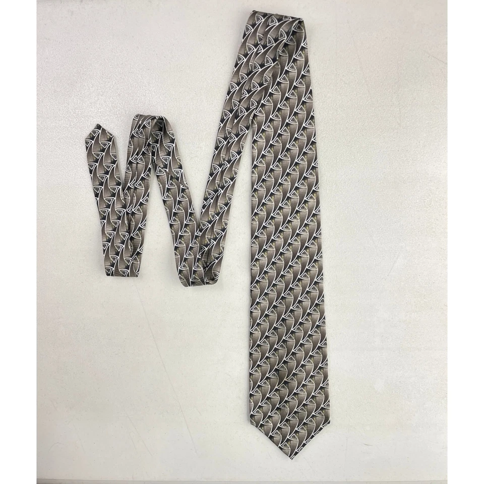 Corbata de seda italiana vintage años 80 topo/oro metálico estampado geométrico Foto 4 de 4