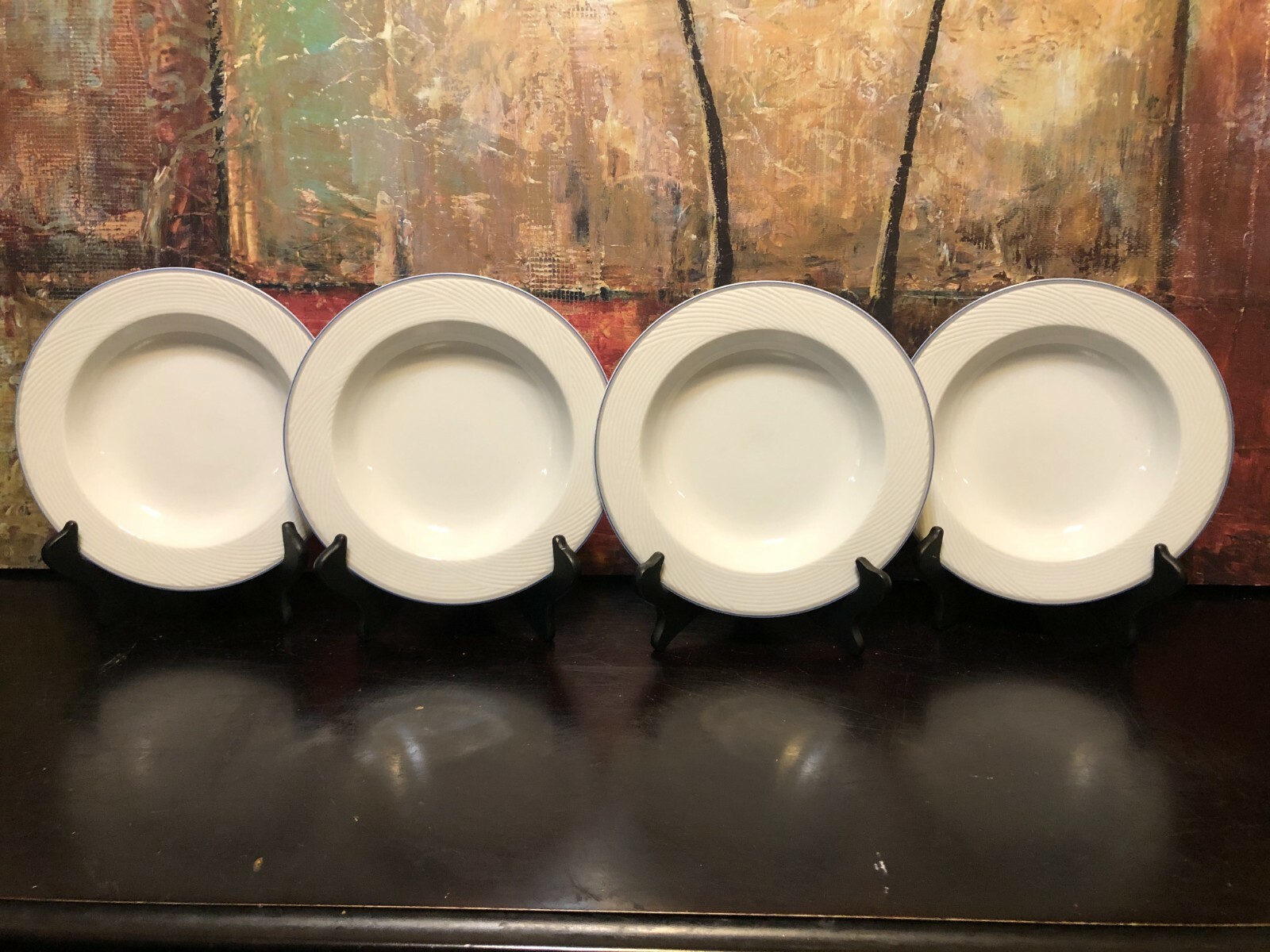 4 NEW Dansk TAPESTRIES Damask Blue Soup Plates Bowls Jack Lenor Larsen