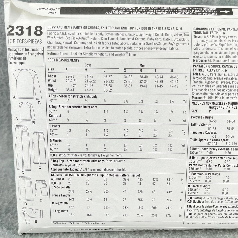 Simplicity 2318 Pants or Shorts Top and Dog Top Boys Sz S L Mens Sz S XL Pattern - Image 4 of 4