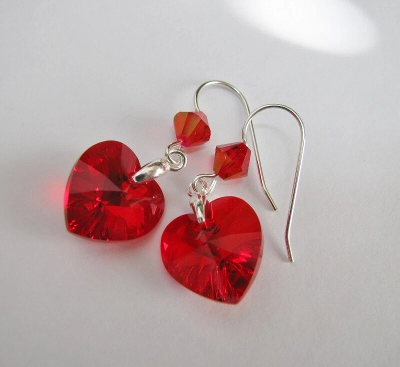 14mm Red Heart Earrings made with Swarovski Crystal Sterling Silver